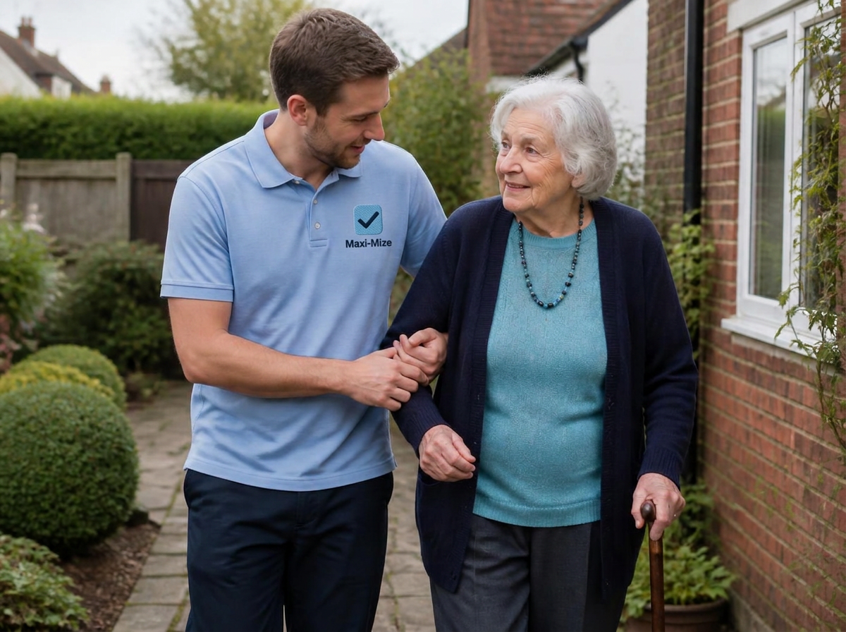 Care worker walking with a client in a garden